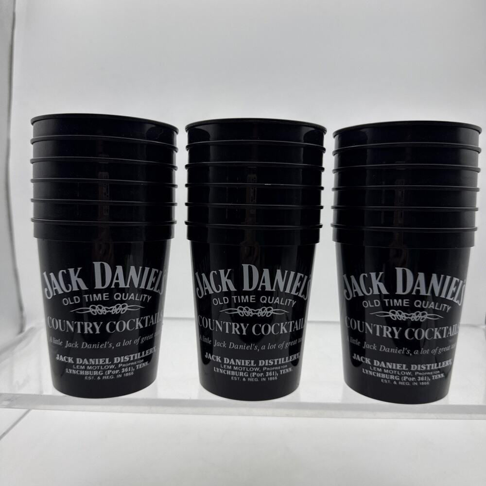 Jack Daniel's Lot of 18 Black Plastic Reusable Cups 16 Oz Country Cocktails 1992